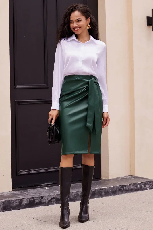 Women Polyurethane Leather Skirt OL High Waist Front Slit Bodycon Skirt leather skirt refined