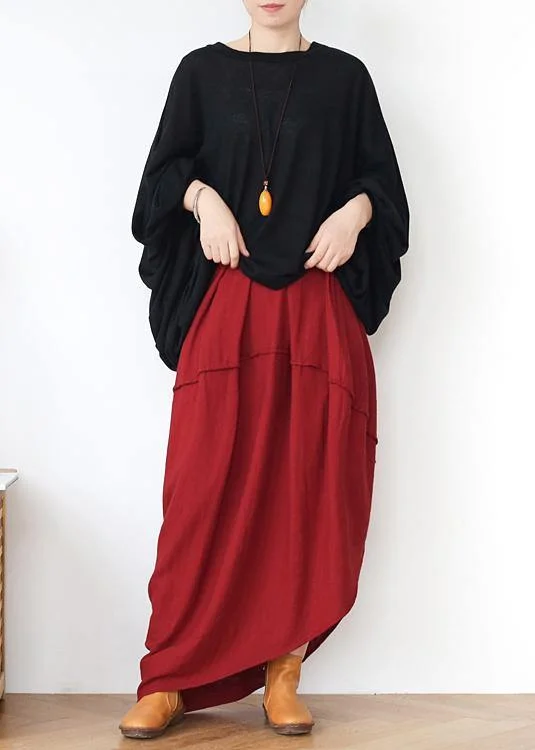 Women Red Elastic Waist Linen Skirt velvet skirt luxurious