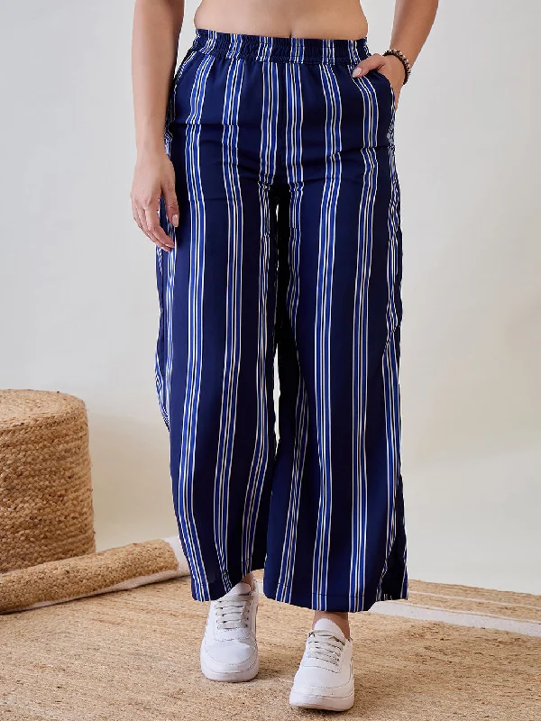 Women's Blue Crepe Stripes Pant - The Kaftan Company Trendy High-Waist Trousers