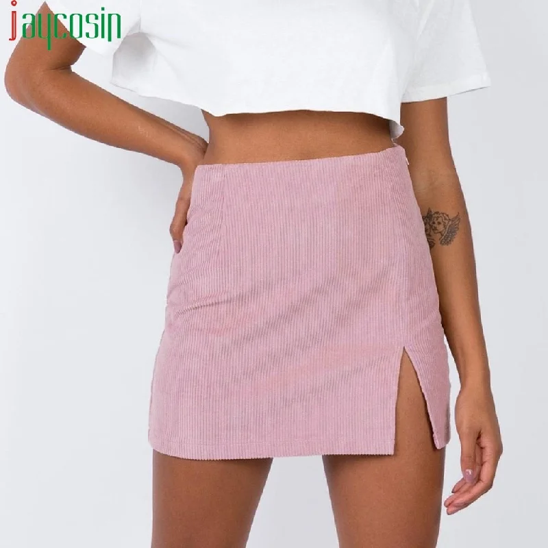 Women's corduroy mini skirt slit zipper solid color high waist Female Bodycon skirt casual Ladies plus size Pencil skirt midi skirt versatile