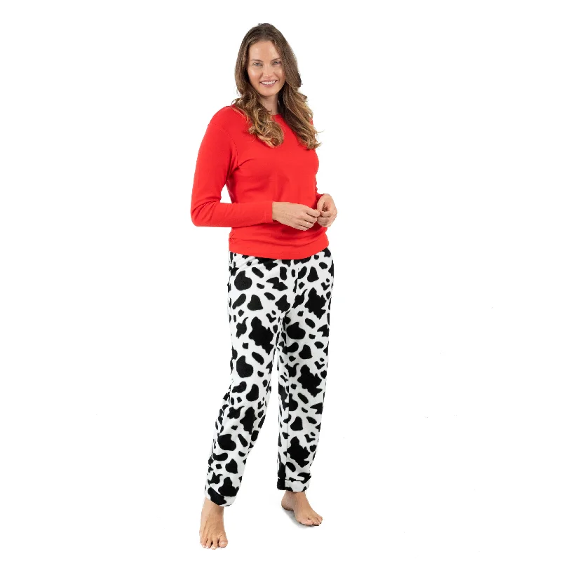 Womens Cotton Top and Fleece Pant Pajamas Cow Black Elegant Trouser Pants