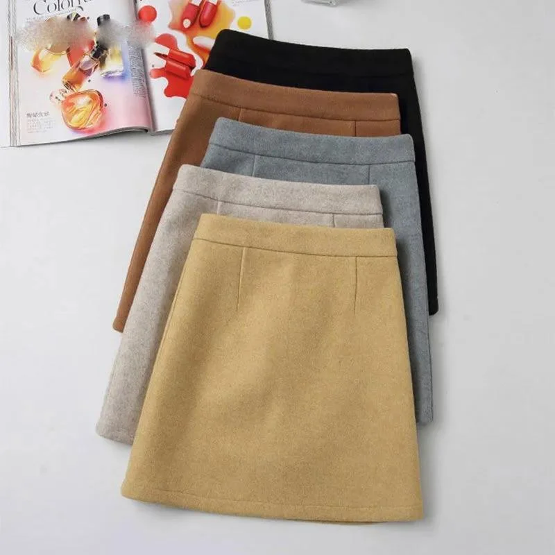 Woolen Skirt Female Autumn and Winter High Waist One Step Hip Skirt Half Skirt Woolen A-line Skirt leather skirt bold