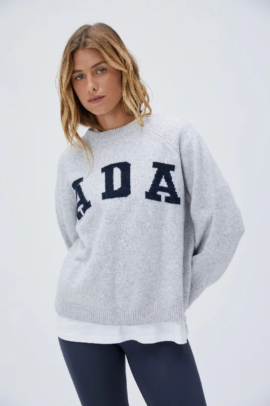 ADA Oversized Knit Sweatshirt - Light Grey Melange/Navy Blue Hoodie with Crew Neck Simple Timeless