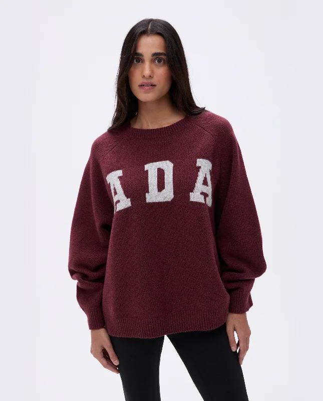 ADA Oversized Knit Sweatshirt - Burgundy/Light Grey Melange Hoodie with Lining Warm Insulated