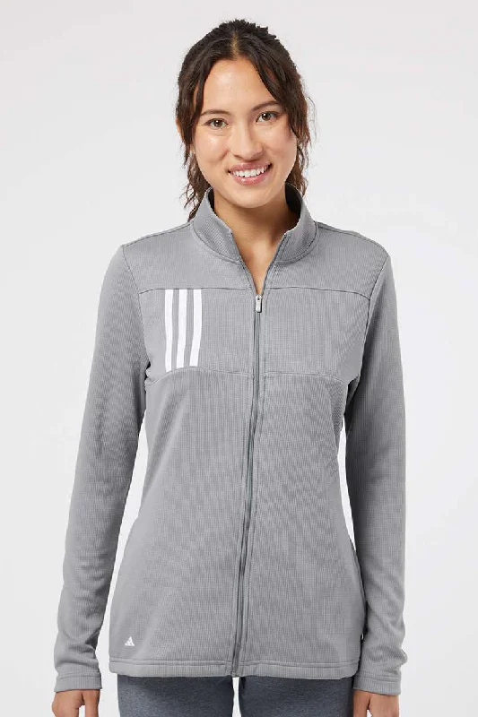 Adidas Womens 3 Stripes Double Knit Moisture Wicking 1/4 Zip Sweatshirt w/ Pockets - Grey/White Hoodie with Ribbed Cuffs Snug Fit Comfort