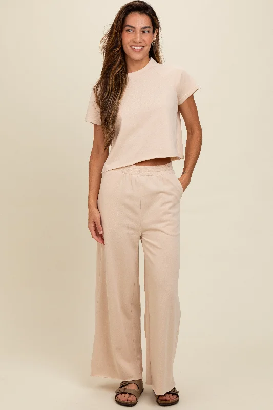 Beige Basic Tee And Wide Leg Pant Set Fashionable Sporty Pants