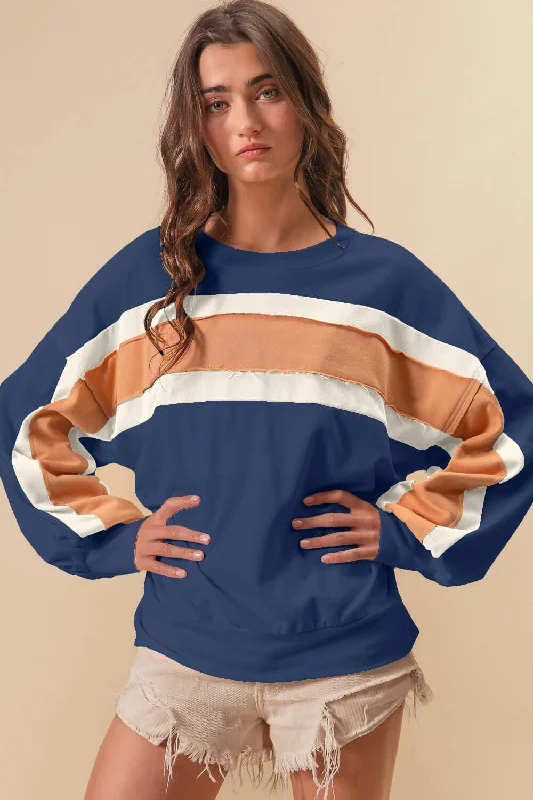 Blue French Terry Color Block Cut Edge Detail Sweatshirt Hoodie with Puffed Sleeves Voluminous Trendy