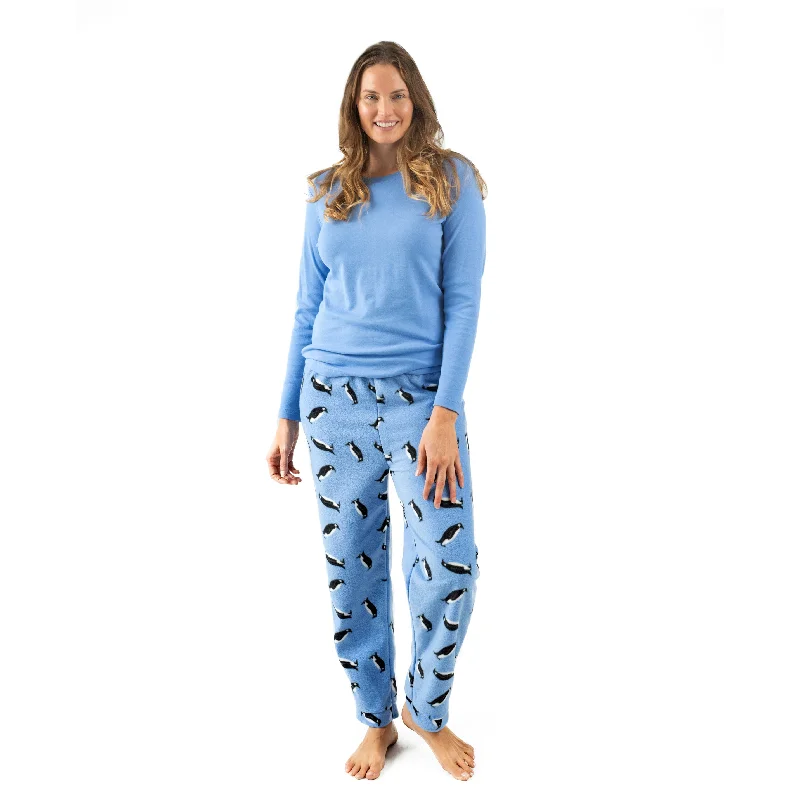 Christmas Womens Cotton Top and Fleece Pant Pajamas Penguin Wide-Legged Palazzos