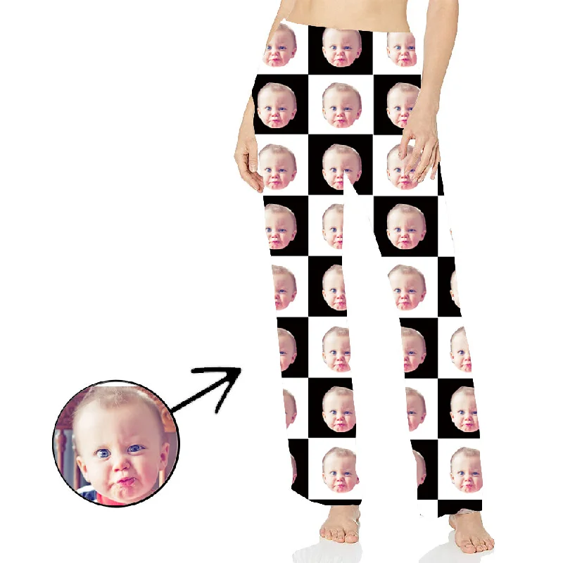Custom Photo Pajamas Pants For Women Black And White Long Sleeve Chic Wool Trousers