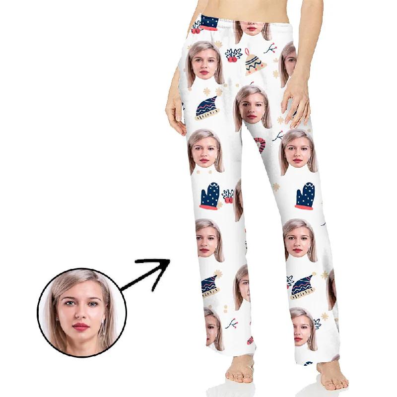 Custom Photo Pajamas Pants For Women Candy Cane And Christmas Bells Elegant Wool Trousers Custom Photo Pajamas Pants For Women Candy Cane And Christmas Bells Elegant Wool Trousers
