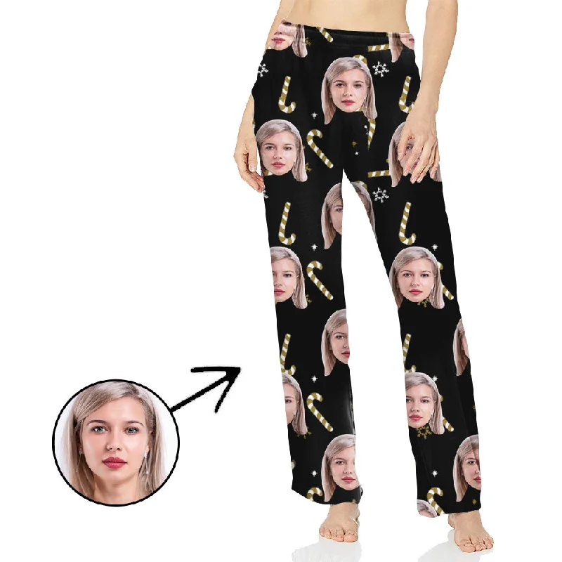 Custom Photo Pajamas Pants For Women Candy Cane With My Loved One's Face Classic Straight Pants