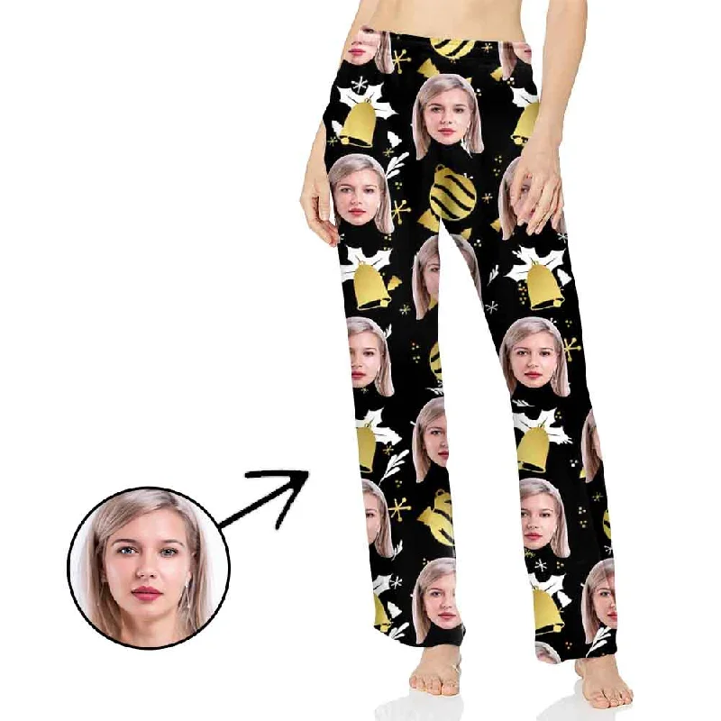 Custom Photo Pajamas Pants For Women Christmas Bell With My Loved One's Face Chic Black Leggings