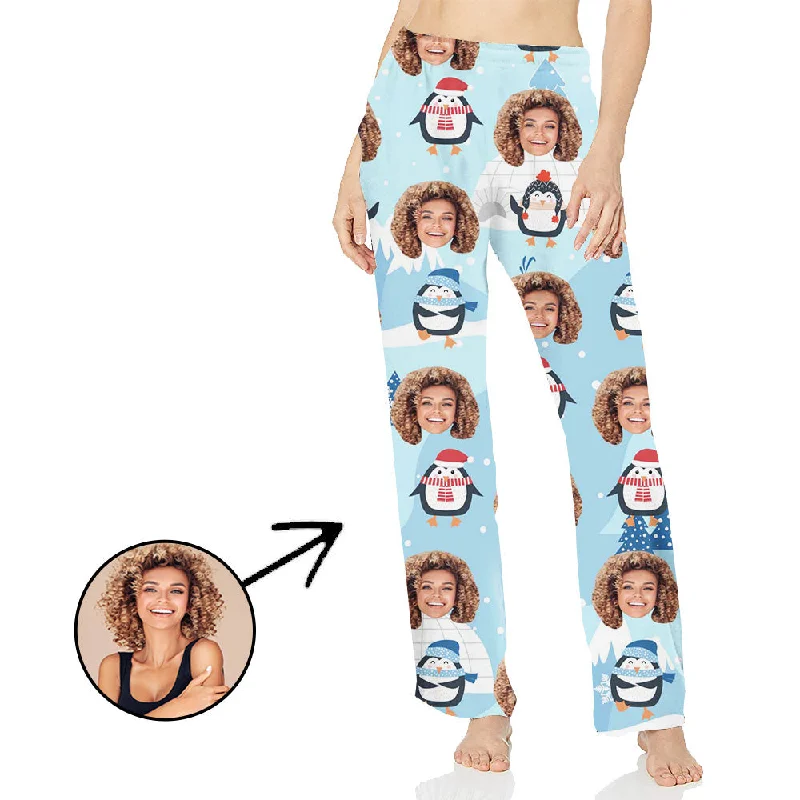 Custom Photo Pajamas Pants For Women Penguin And Snowflake Trendy Wide-Leg Pants