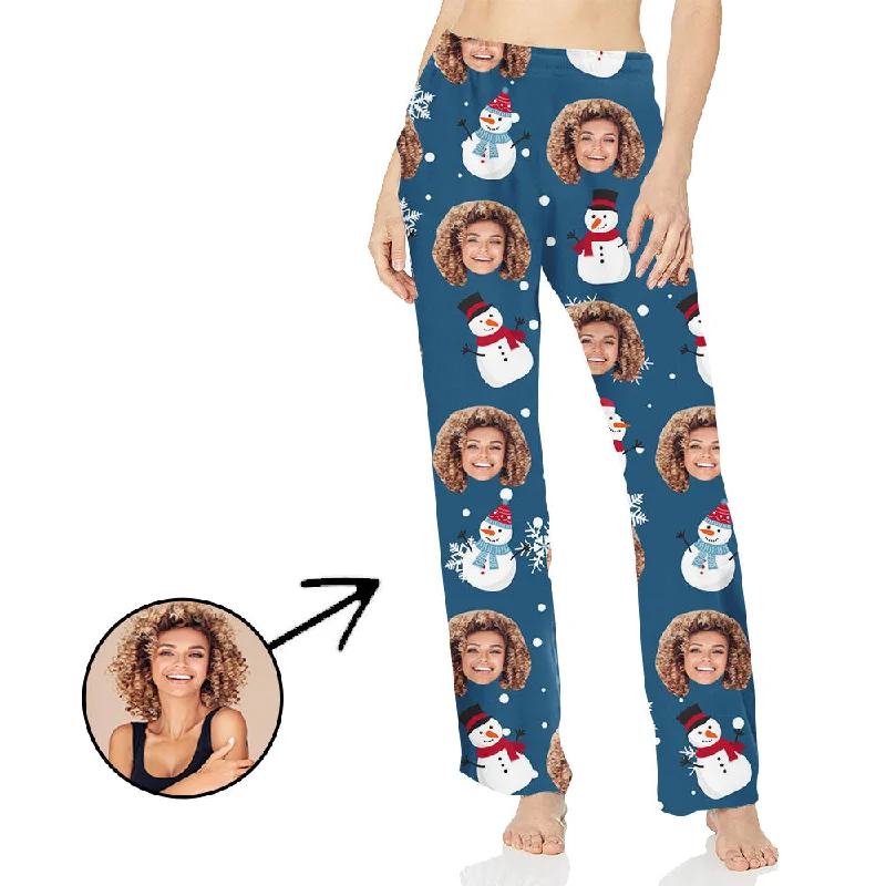 Custom Photo Pajamas Pants For Women Snowflake And Snowman Lightweight Linen Pants