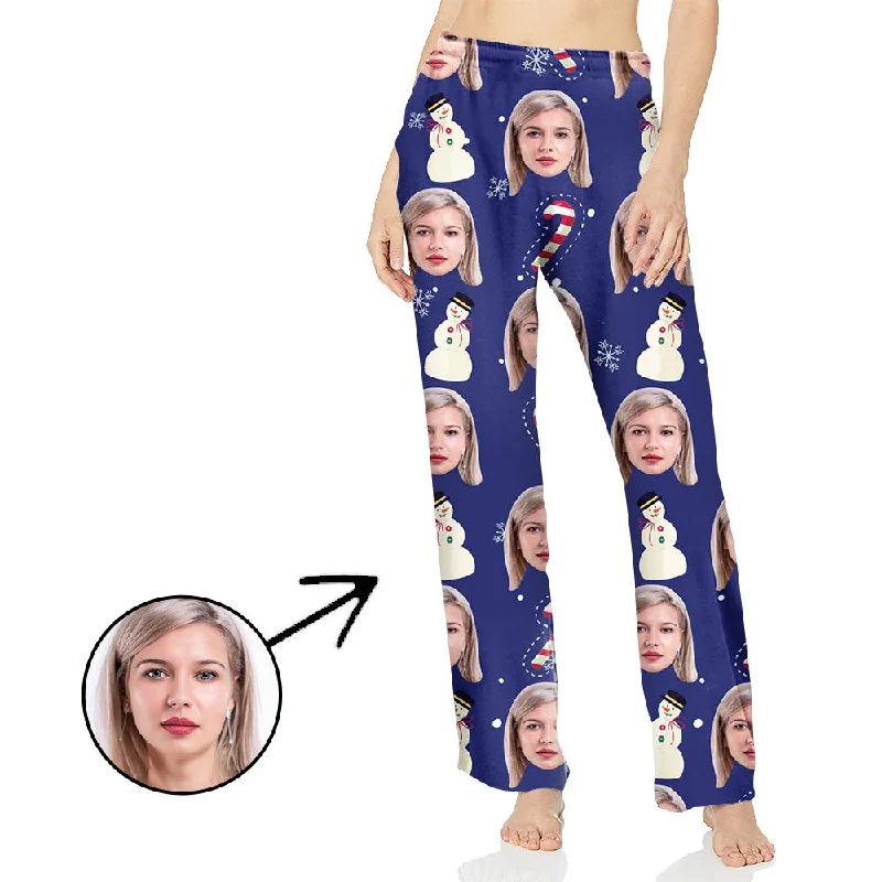 Custom Photo Pajamas Pants For Women Snowman And Candy Cane Modern Bootcut Pants