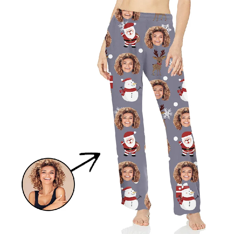 Custom Photo Pajamas Pants For Women Snowman And Snowflake Casual Drawstring Pants
