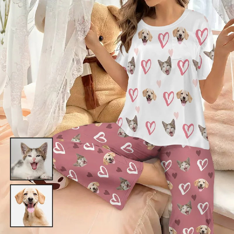 Custom Women's Pocket Short Sleeve&Long Pants Silk Satin Pajama Sets Personalized Face Heart Nightwear Set Comfy Cargo Trousers