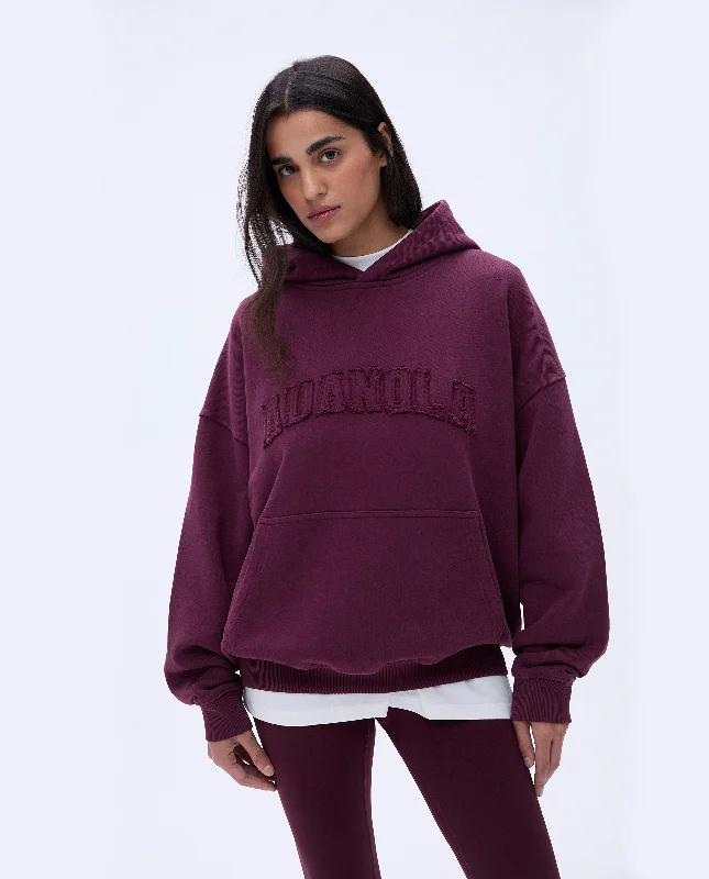 Distressed Varsity Oversized Hoodie - Dark Cherry Hoodie with Print Artistic Unique