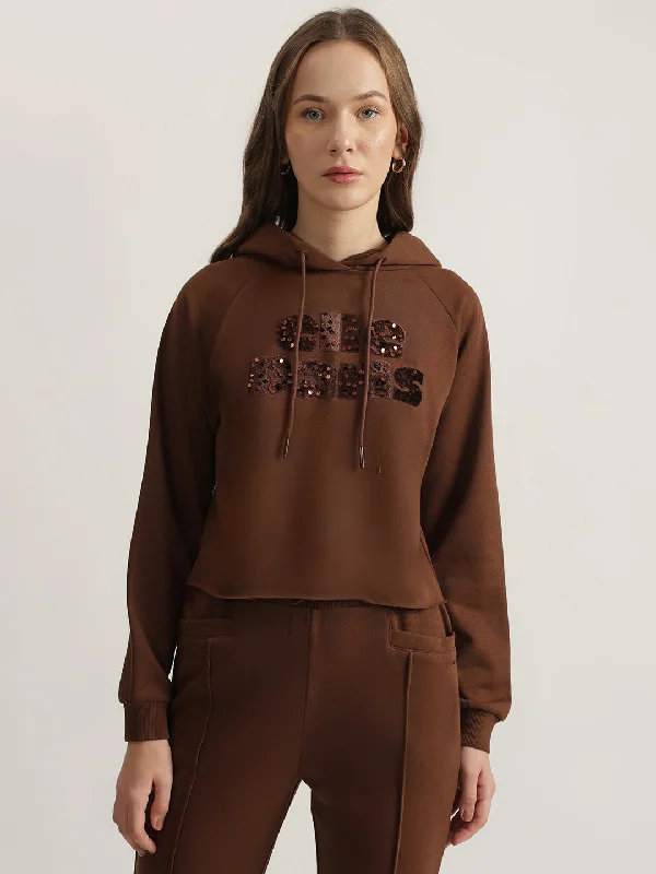 Elle Women Brown Embellished Hooded Full Sleeves Sweatshirt Hoodie with Thumb Holes Functional Cozy