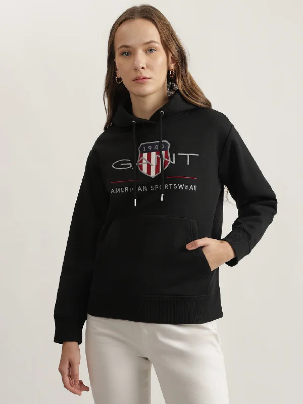 Gant Women Black Embroidered Hooded Full Sleeves Sweatshirt Hoodie with Mock Neck Collared Structured