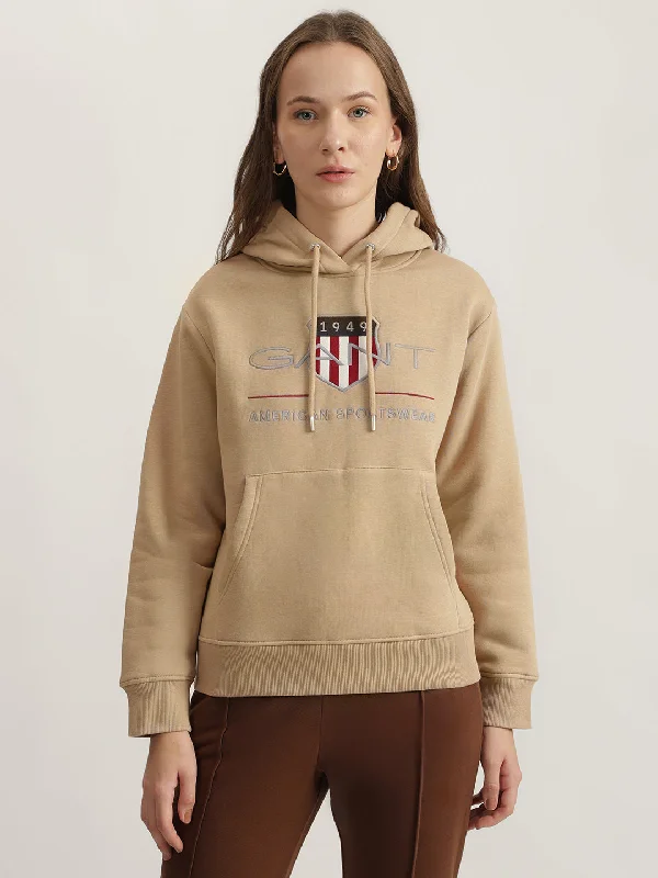 Gant Women Beige Embroidered Hooded Full Sleeves Sweatshirt Hoodie with Drop Shoulder Relaxed Streetwear