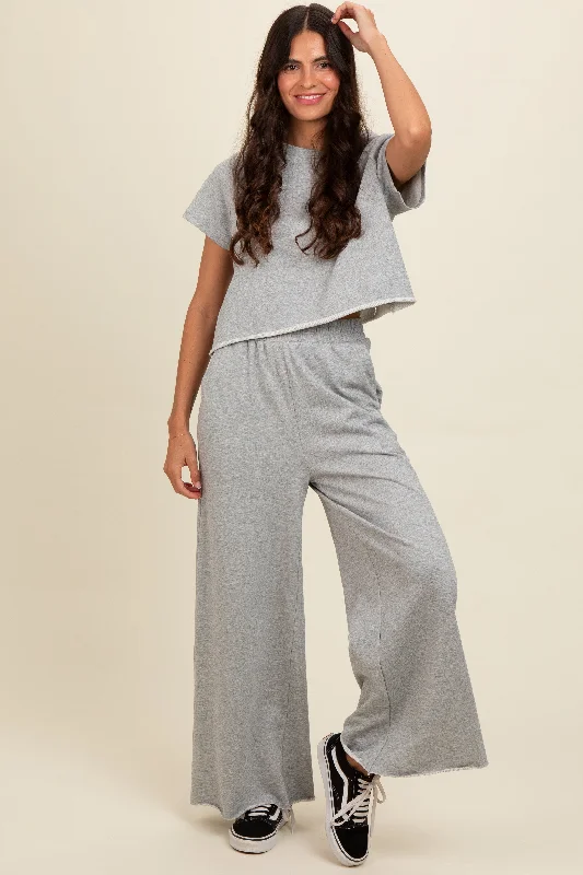 Heather Grey Basic Tee And Wide Leg Pant Set Relaxed Casual Leggings