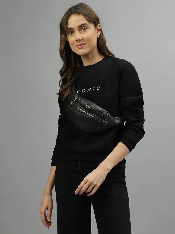 Iconic Women Black Solid Round Neck Full Sleeves Sweatshirt Hoodie with Turtle Neck Cozy Winter