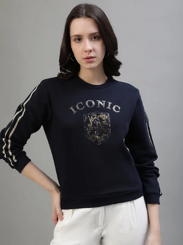 Iconic Women Navy Blue Printed Round Neck Full Sleeves Sweatshirt Hoodie with Reflective Safety Nightwear