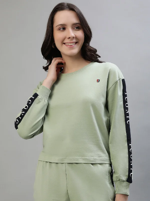 Iconic Women Green Solid Round Neck Full Sleeves Sweatshirt Hoodie with Button Classic Timeless