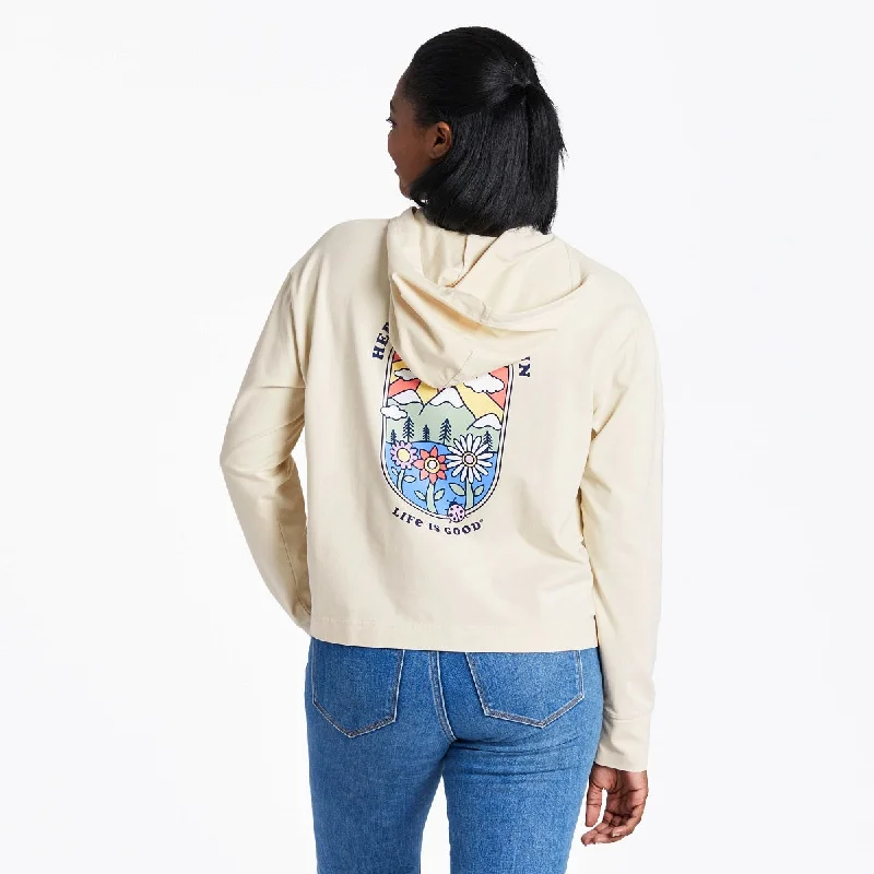 Life is Good Women's Here Comes The Sun Crusher-Flex Hoodie, Putty White Hoodie with Applique Textured Unique