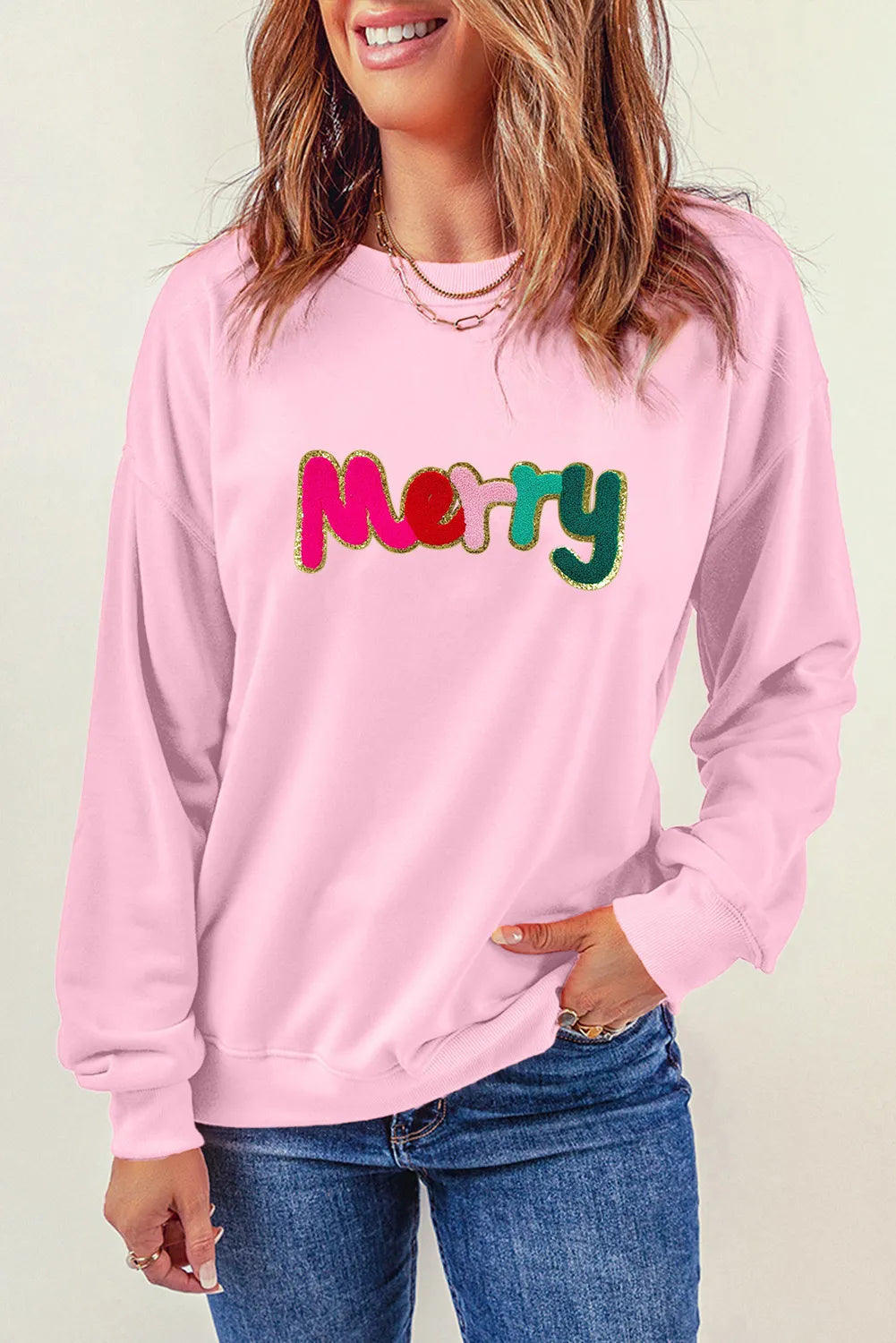 MERRY Round Neck Long Sleeve Sweatshirt Hoodie with Hem Contrast Bold Stylish