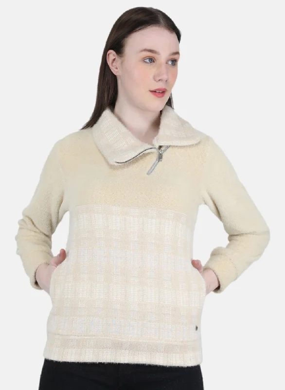 Women Beige Check Sweatshirt Hoodie with Lining Warm Insulated