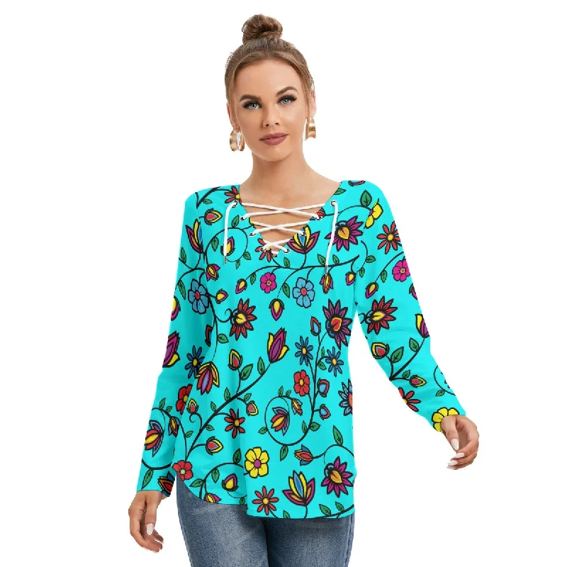 Nature's Nexus Turquoise Women's Long Sleeve Neckline Tie Sweatshirt Hoodie with Slit Hem Functional Movement