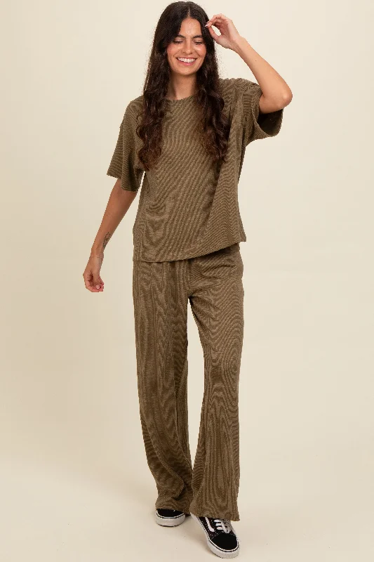 Olive Textured Knit Oversized Tee And Pants Set Trendy Tapered Pants