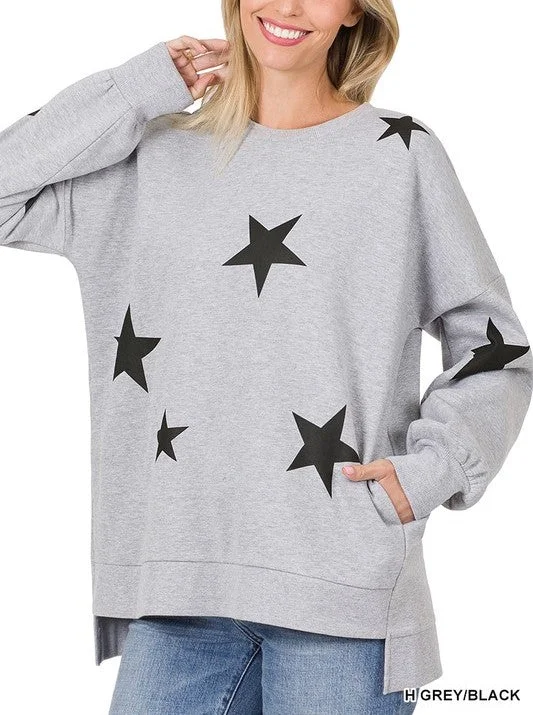 OT-4029AB Zenana Star Print Hi-Low Sweatshirt Hoodie with Stripes Bold Sporty