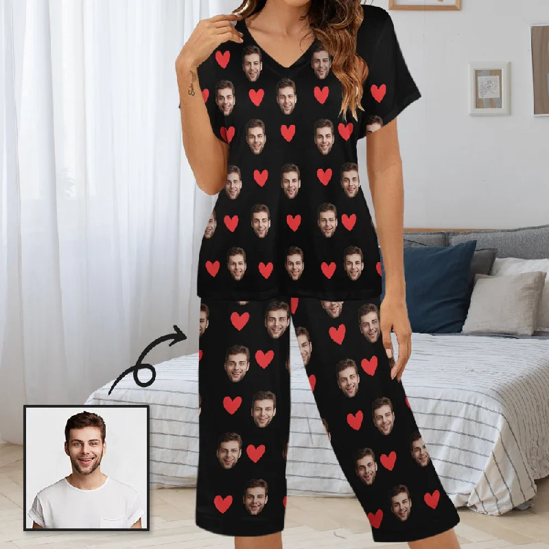 Personalized Face Women's Pajama Set Custom Face&Red Hearts Women's V-Neck Short Sleeve&Capri Pants Pajama Sets Comfy Cargo Trousers
