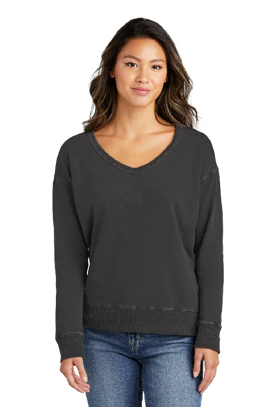 Port & Company Womens Beach Wash Garment Dyed V-Neck Sweatshirt - Coal Grey Hoodie with Zipper Placket Modern Functional