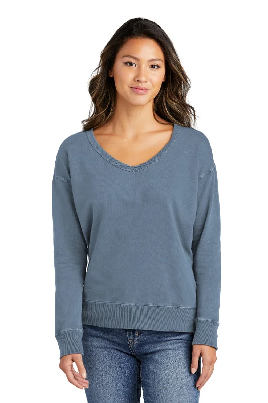 Port & Company Womens Beach Wash Garment Dyed V-Neck Sweatshirt - Faded Denim Blue Hoodie with Stripes Bold Sporty