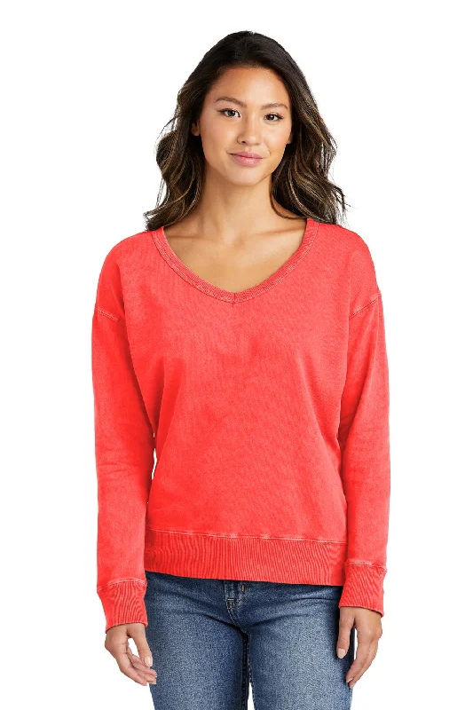 Port & Company Womens Beach Wash Garment Dyed V-Neck Sweatshirt - Poppy Red Hoodie with Applique Textured Unique