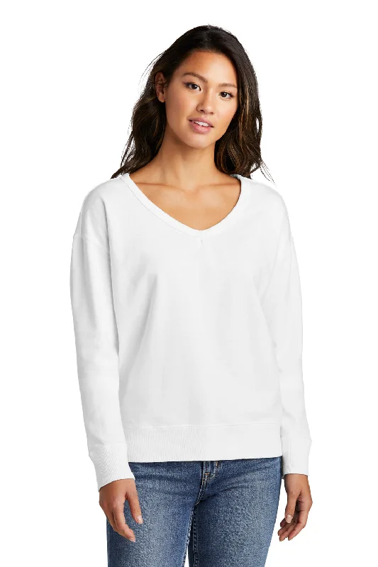 Port & Company Womens Beach Wash Garment Dyed V-Neck Sweatshirt - White Hoodie with Drawstring Waist Adjustable Fitted