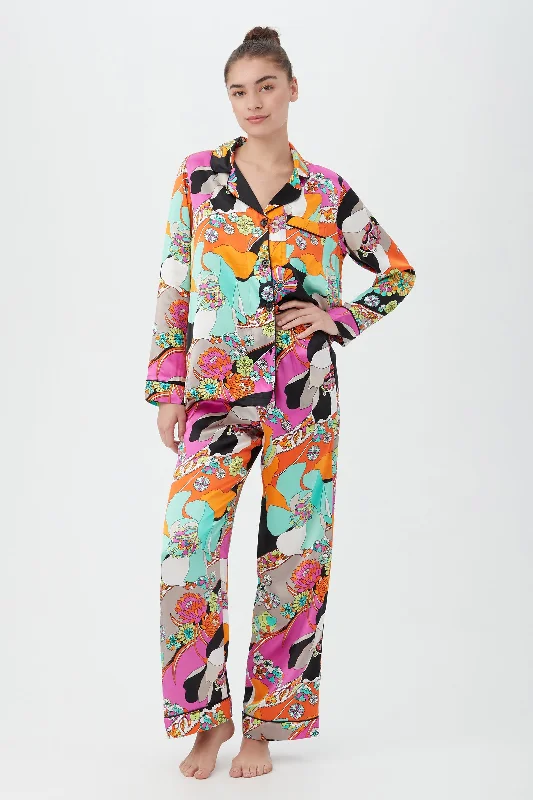 Skipper Swirl Women's Long Sleeve Long Pant Silk PJ Set Trendy Printed Pants