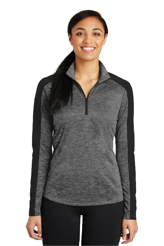 Sport-Tek Womens Electric Heather Moisture Wicking 1/4 Zip Sweatshirt - Grey Black Electric/Black Hoodie with Cropped Fit Short Trendy