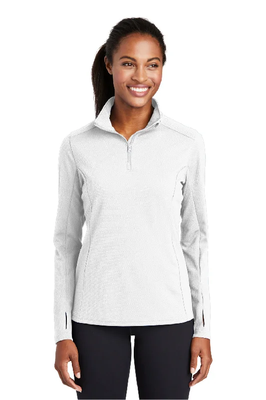 Sport-Tek Womens Sport-Wick Moisture Wicking 1/4 Zip Sweatshirt - White - Closeout Hoodie with Hem Patch Decorative Personalized