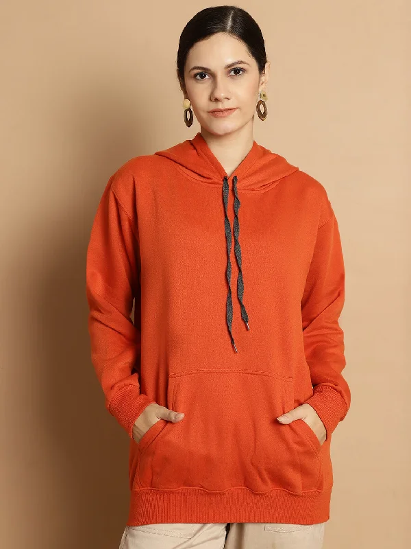 Vimal Jonney Rust Solid Hooded Cotton Fleece Sweatshirt for Women Hoodie with Applique Textured Unique