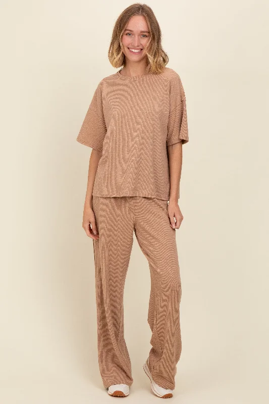 Taupe Textured Knit Oversized Tee And Pants Set Classic Straight Pants