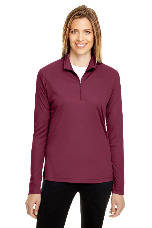 Team 365 Womens Zone Performance Moisture Wicking 1/4 Zip Sweatshirt - Maroon Hoodie with Hood Adjustable Protection