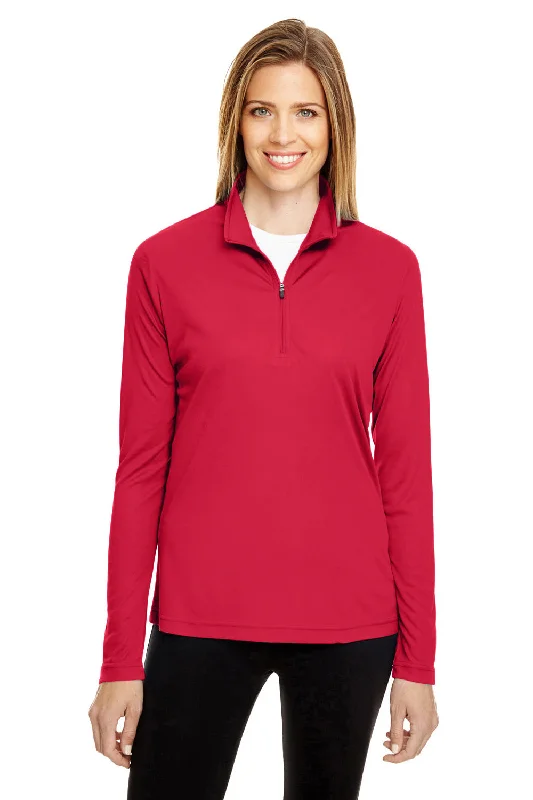 Team 365 Womens Zone Performance Moisture Wicking 1/4 Zip Sweatshirt - Red Hoodie with Elastic Cuffs Stretchable Comfortable