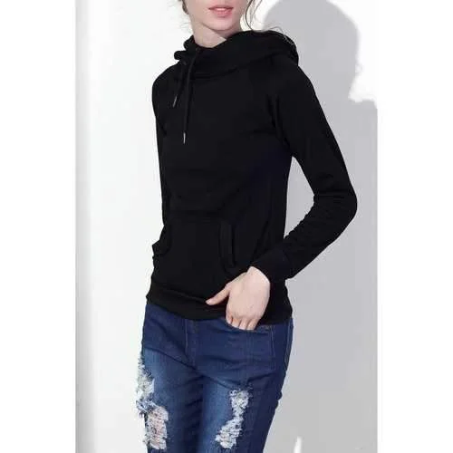 Stylish Hooded Long Sleeve Drawstring Solid Color Women's Hoodie - Black M Hoodie with Hem Applique Textured Unique