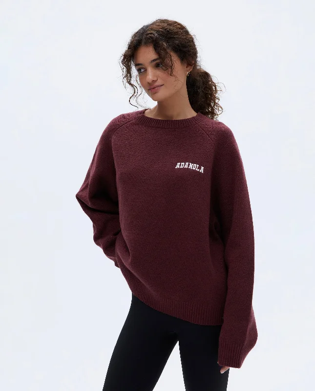 Varsity Oversized Knit Sweatshirt - Burgundy/Cream Hoodie with Hem Detail Decorative Unique