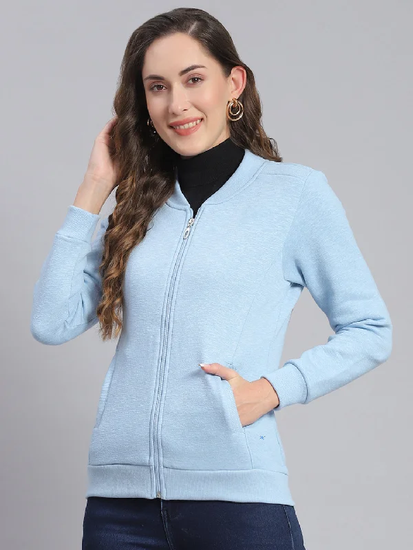 Women Blue Solid Mandarin Collar Full Sleeve Sweatshirts Hoodie with Pastel Soft Subtle